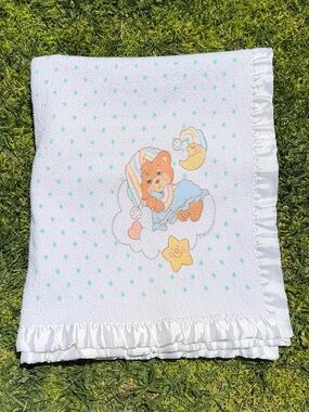 VTG Riegel Beddy Teddy Sleepy Time Teddy Bear Satin Trim Flannel Blanket 29x51